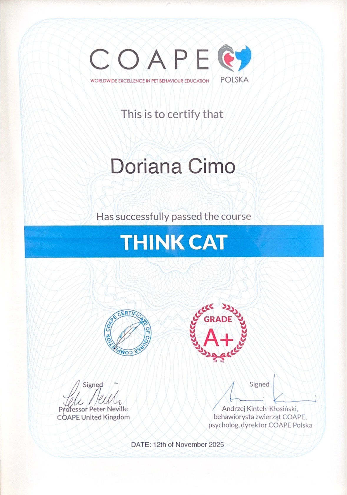 Certyfikat COAPE Think Cat — Doriana Cimo